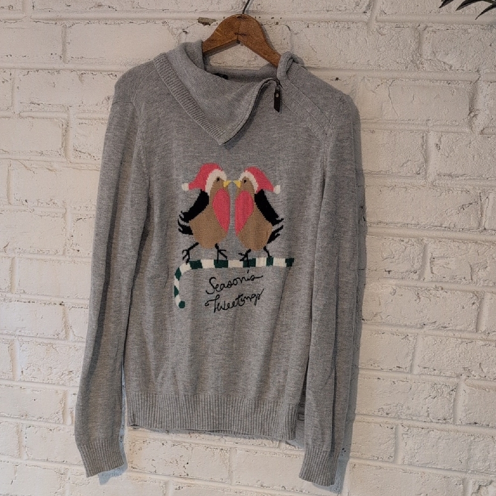 Talbots Light Gray Turtleneck Sweater with Bird Design
